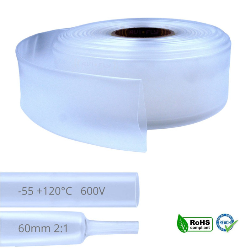 Clear 60mm heat shrink tubing: Protects connections. Flexible, visible.