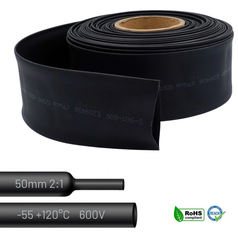 Black heat shrink tubing 50mm. Classic insulation. Durable, damage resistant.