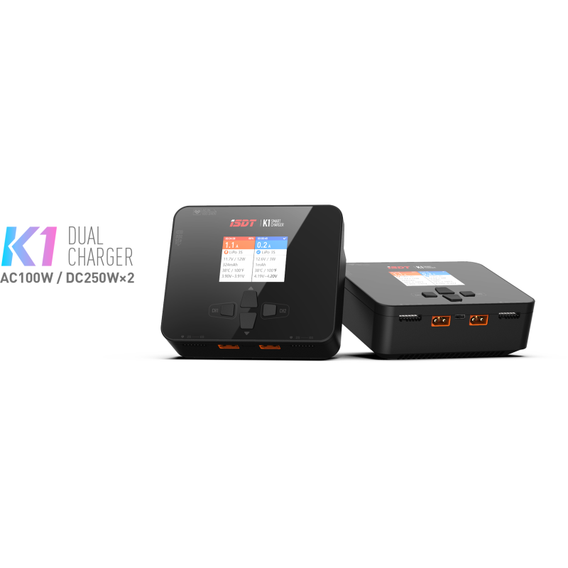 ISDT K1 – inteligentna ładowarka 2×250 W DC, 100 W AC, USB-C