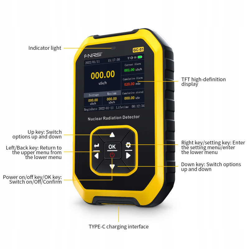FNIRSI Geiger counter with LCD display and alarm