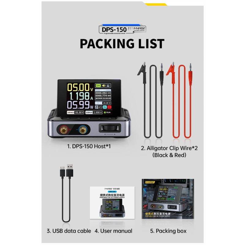 Compact FNIRSI DPS-150 lab power supply with color LCD screen