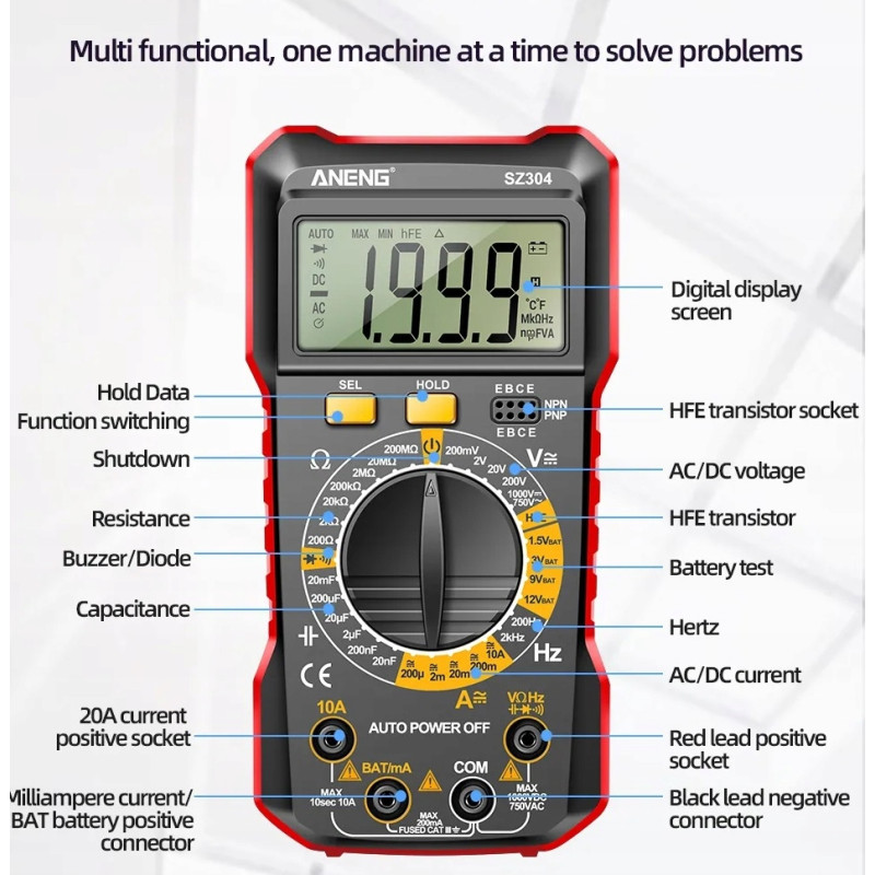 ANENG SZ304 Digital Multimeter – auto range, NCV, 2000 counts