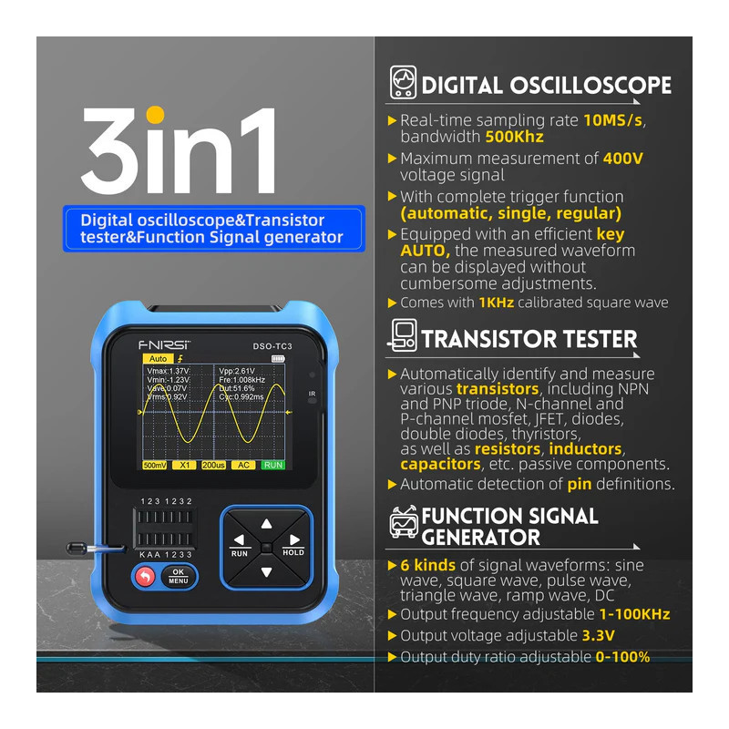 Oscyloskop FNIRSI DSO-TC3 3w1 500 kHz 10 MS/s z testerem tranzystorów