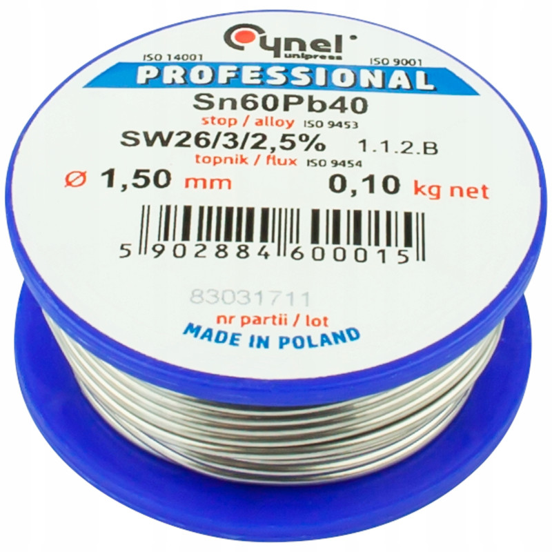 Cyna Cynel 1,5mm 100g z Topnikiem Rolka Sn60Pb40
