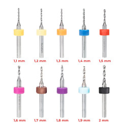 Mini wiertła do PCB – 10 sztuk, średnice 1.1–2.0 mm