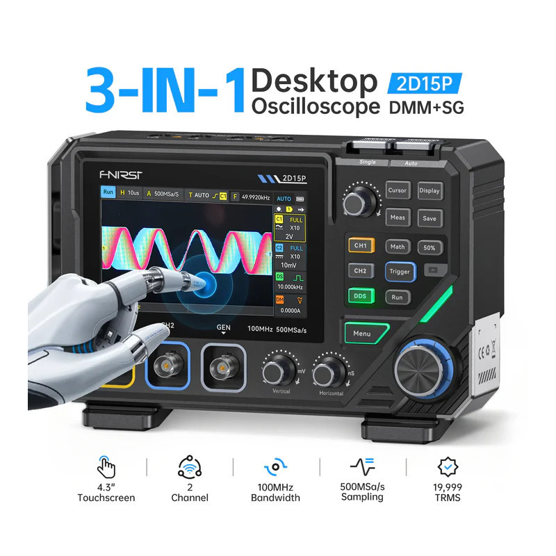 FNIRSI 2D15P with test probes and USB-C cable