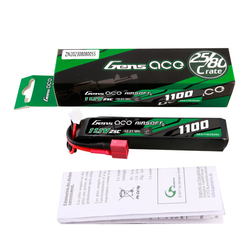 Gens ace 1100mAh 11.1V 25C Airsoft LiPo T-Plug