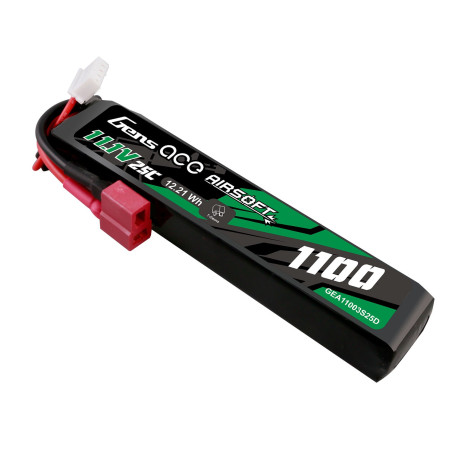 Gens ace 1100mAh 11.1V 25C Airsoft LiPo T-Plug - Buffer Tube Stick Bat