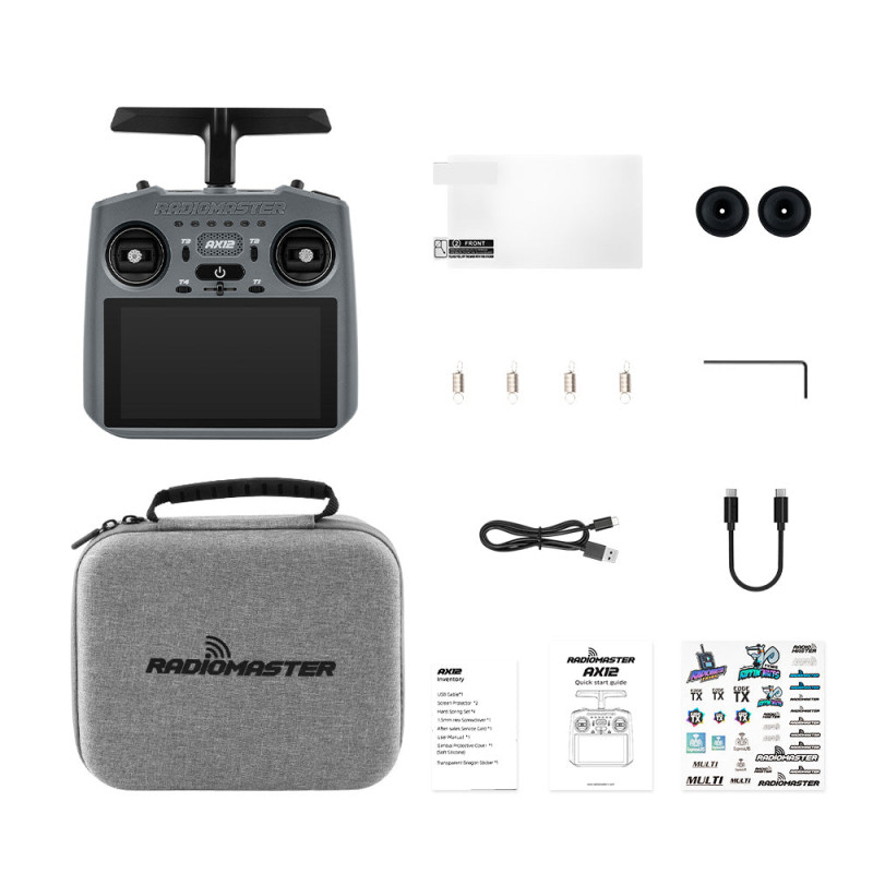 RadioMaster AX12 zawartość zestawu z carry case kablami USB-C i akcesoriami