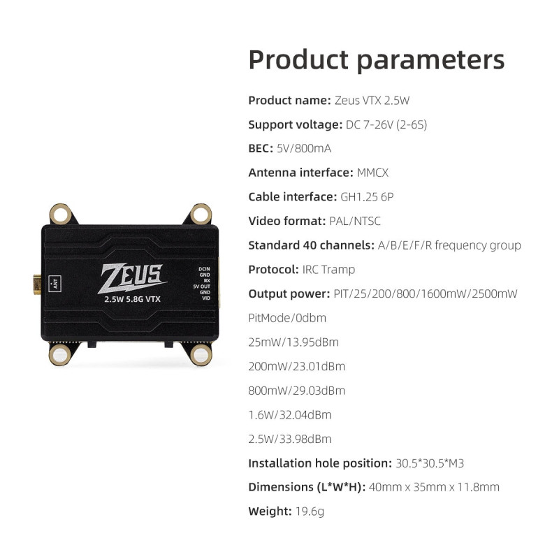 Nadajnik VTX HGLRC Zeus 2.5W 5.8G - analogowy VTX FPV 2500mW, IRC Tramp, 2-6S