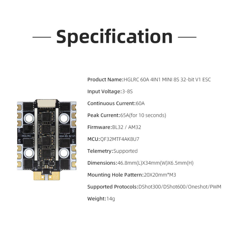 ESC HGLRC 60A 4IN1 Mini 8S AM32 | Avifly