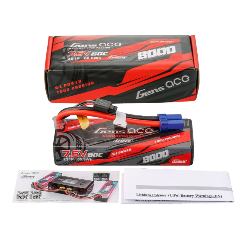 Akumulator LiHV Gens ace G-Tech 8000mAh 2S 60C - Pakiet 7.6V do modeli RC, złącze EC5
