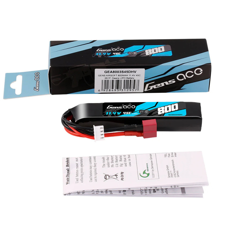 Akumulator LiHV Gens Ace 800mAh 3S 45C - 11.4V, złącze Deans T