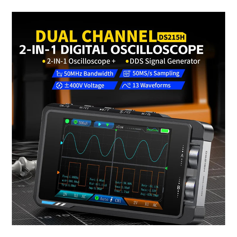 Oscyloskop cyfrowy FNIRSI DS215H 2w1 - 2 kanały 50 MHz, 250 MSa/s, generator DDS 50 kHz