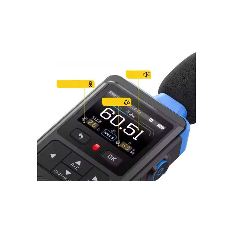Miernik poziomu dźwięku FNIRSI FDM-02 niebieski - sonometr 30-130 dB, ekran 2 cale, ważenie A/C