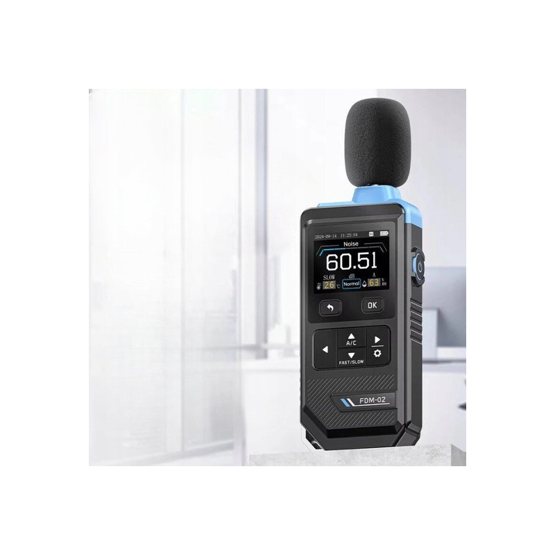 Miernik poziomu dźwięku FNIRSI FDM-02 niebieski - sonometr 30-130 dB, ekran 2 cale, ważenie A/C