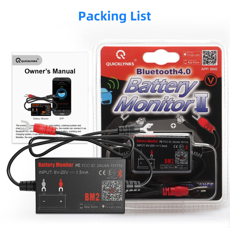 Monitor akumulatora Quicklynks BM2 12V - Bluetooth 4.0, tester rozruchu i układu ładowania