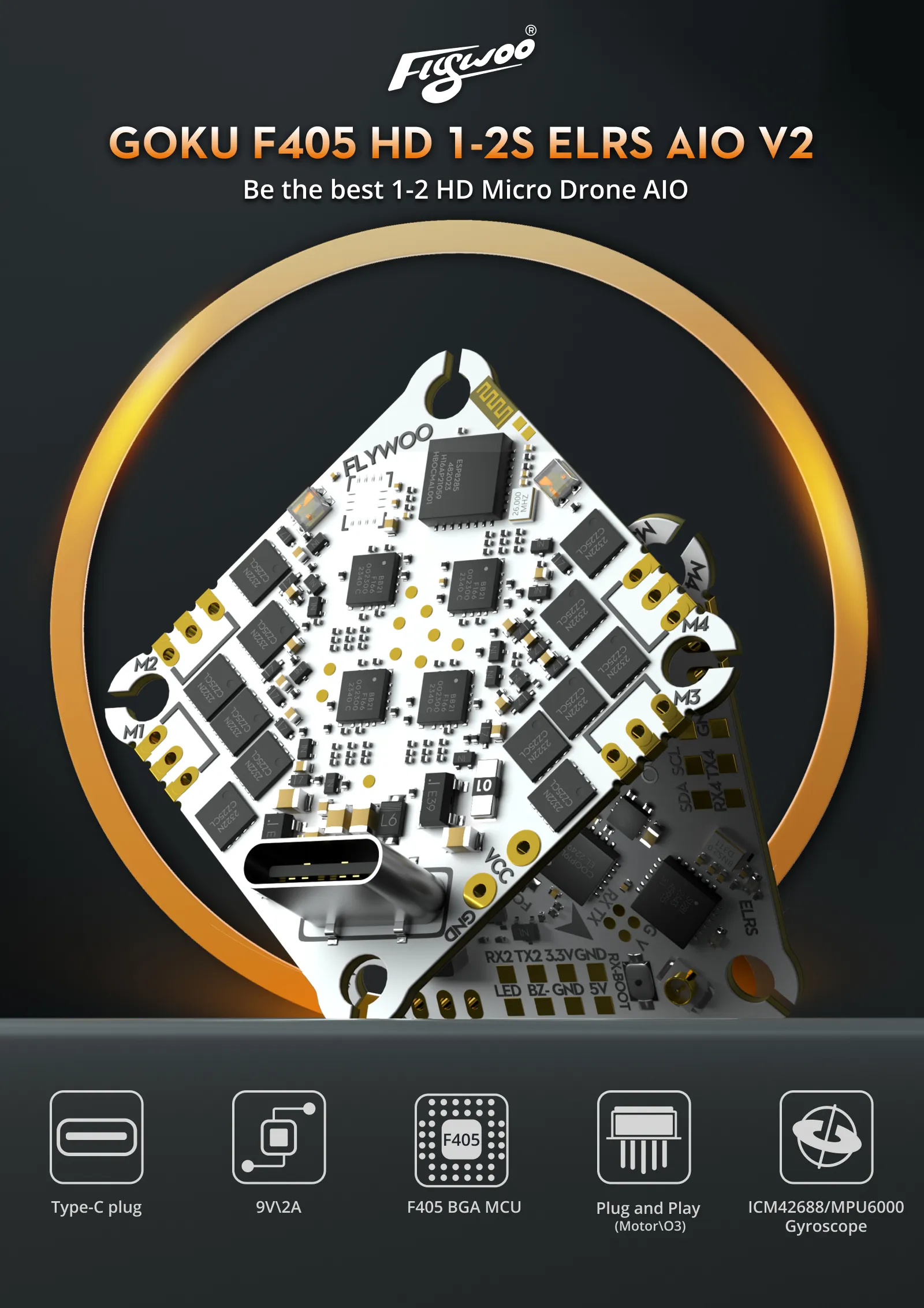 Top view of Flywoo 1–2S AIO board for micro digital drones