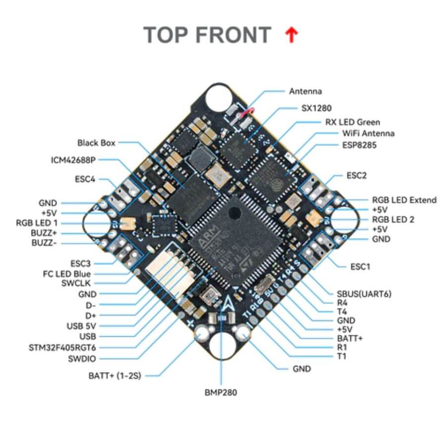 Rozkład pinów  góra płytki - schemat podlaczenia do BetaFPV F4 1S 12A AIO Brushless Flight Controller V3