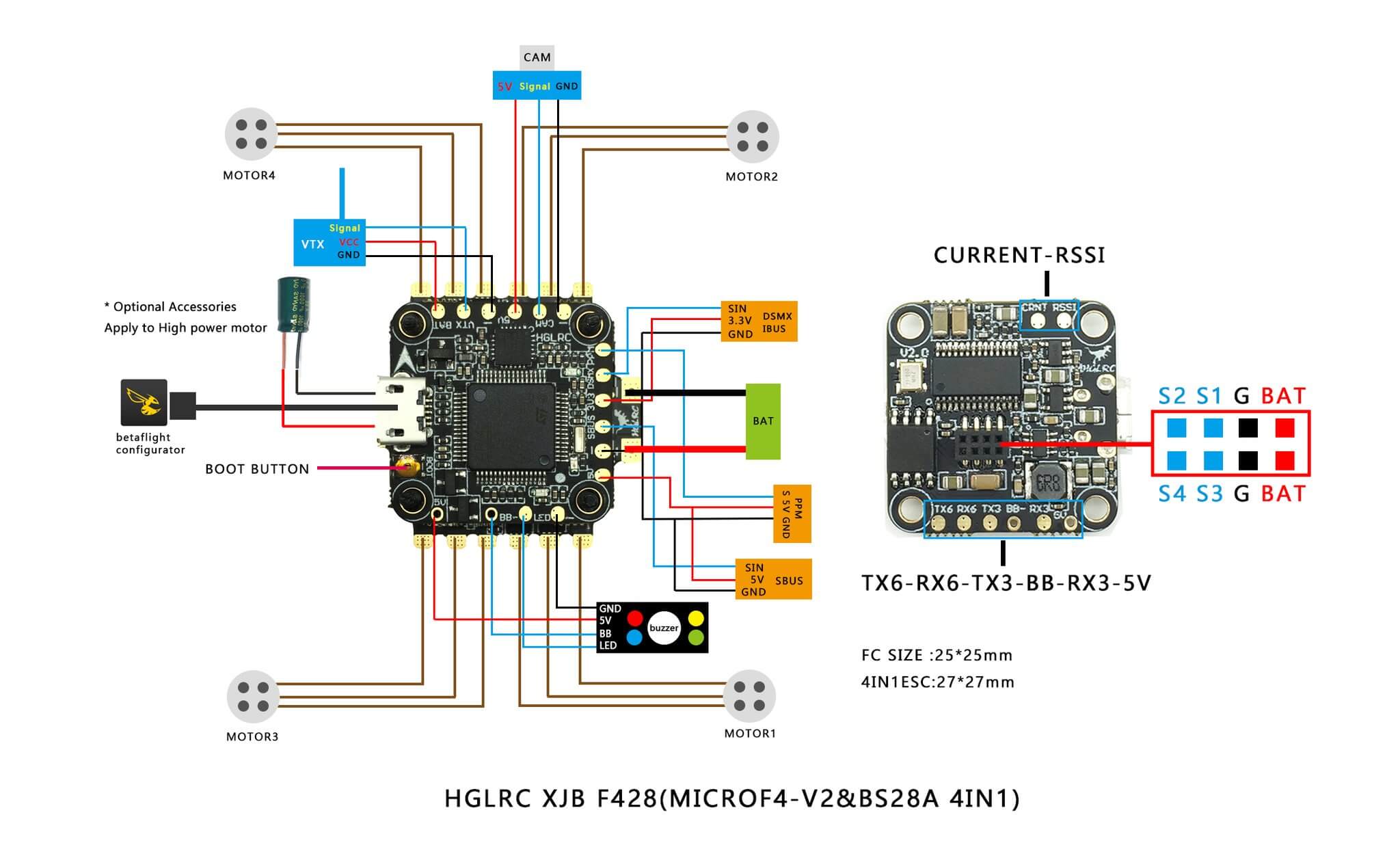 Sposob podlaczenia FC + ESC HGLRC XJB F428 V2 + BS28A