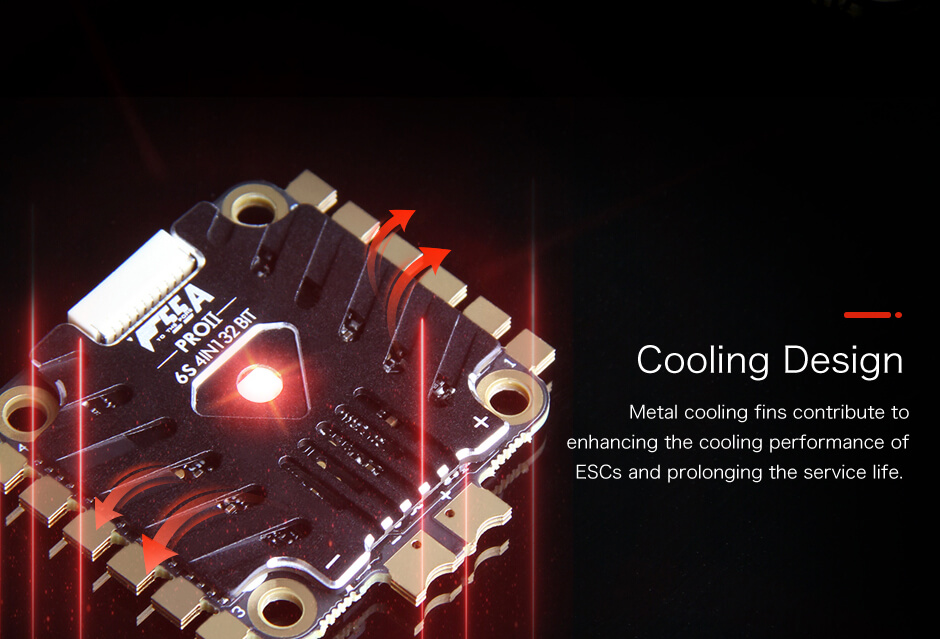 Ten ESC 4in1 posiada specjalny radiator, który idealnie chłodzi całą elektronikę